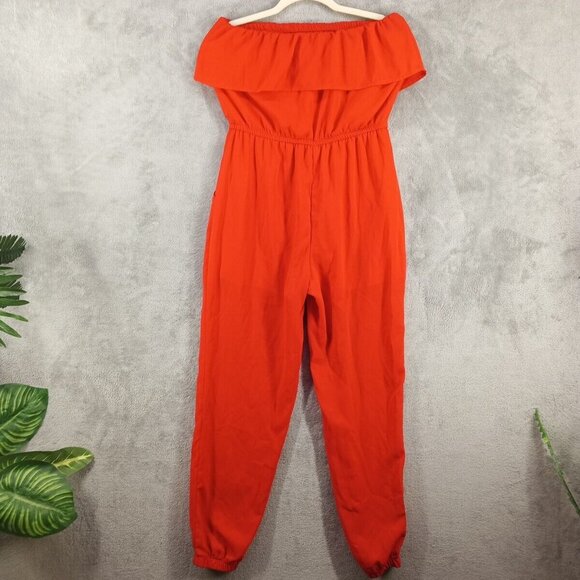 OOTD Jumpsuit SMALL(4-6) Pull on Off the Shoulder Red Elastic Neckline W/Pockets - Picture 10 of 11